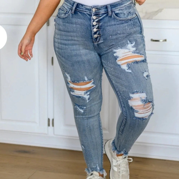 Judy Blue Bleach Destroyed Splash High Waist Jeans Skinny Fit Size 15/32 - Picture 1 of 10